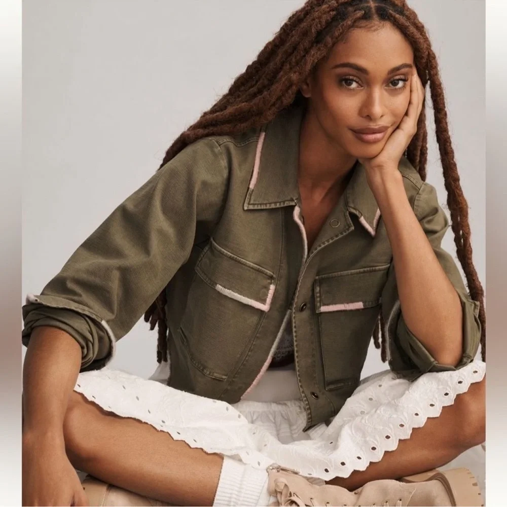 Anthropologie x Pilcro Cropped Jacket in Army Green with Pink and Blue Stitch - Picture 1 of 4